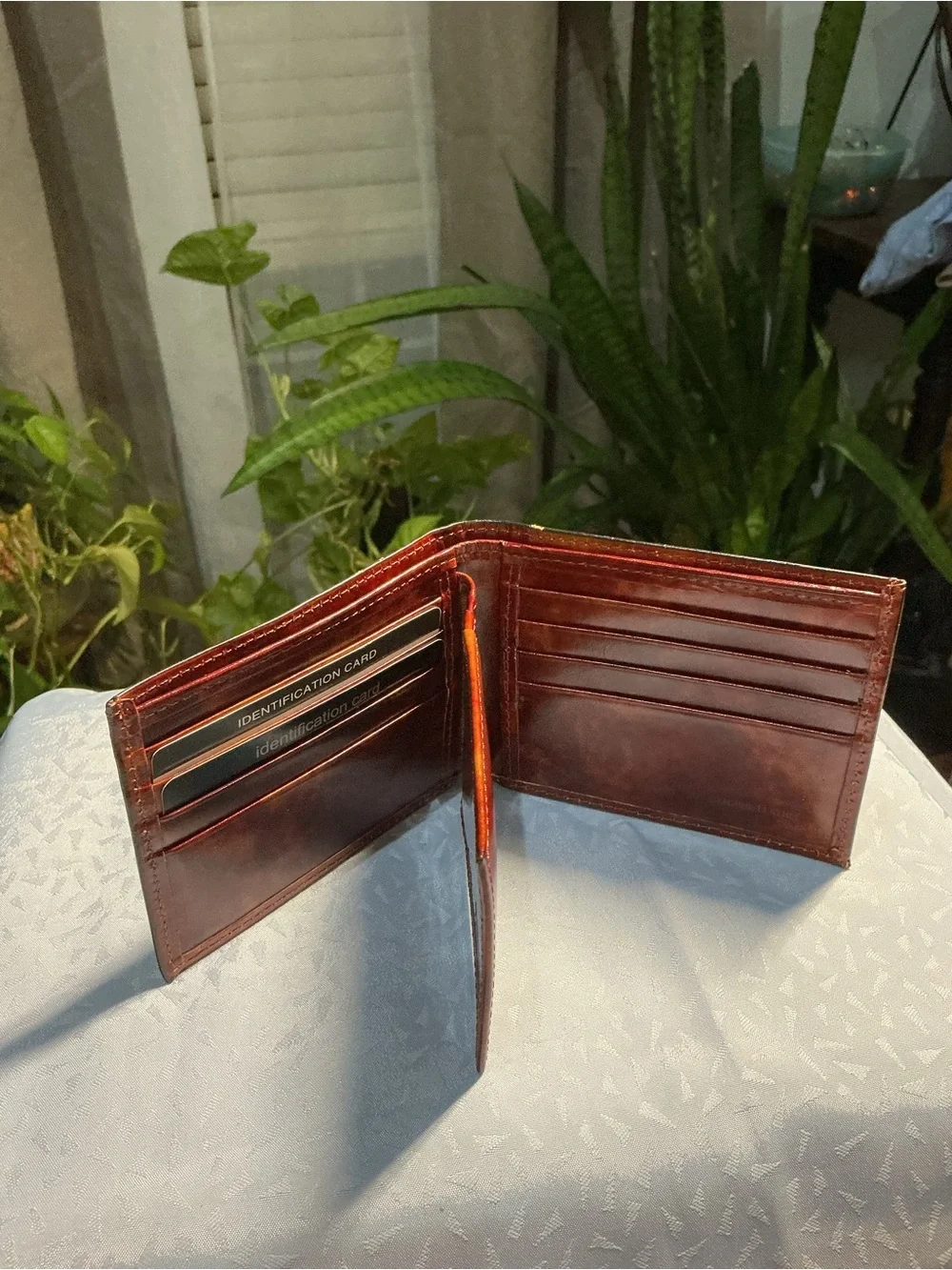 Men's Leather Bi-Fold Card Wallet in Burnt Orange/brown
